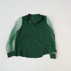 Elegant Green Blouse with Sheer Sleeves